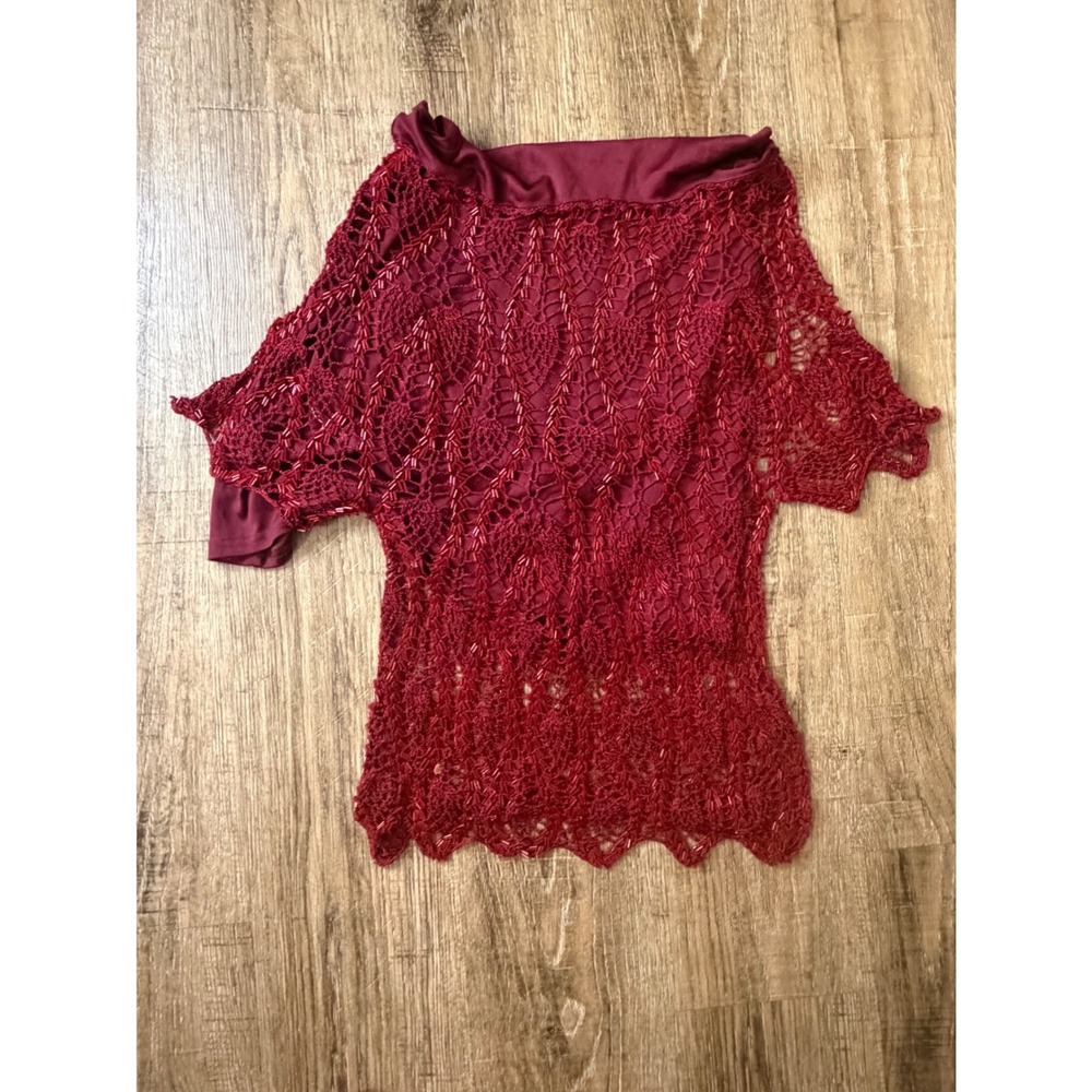 Whispers Burgundy Beaded Crochet Tank Top Size M Wine Red Viscose Sleeveles Boho